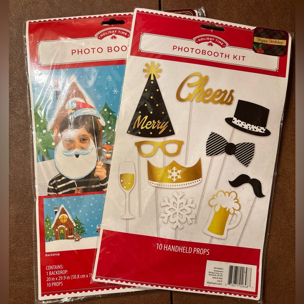 NWT Holiday Time Christmas + New Years Photo Booth Kits- 1 Backdrop, 20 Props